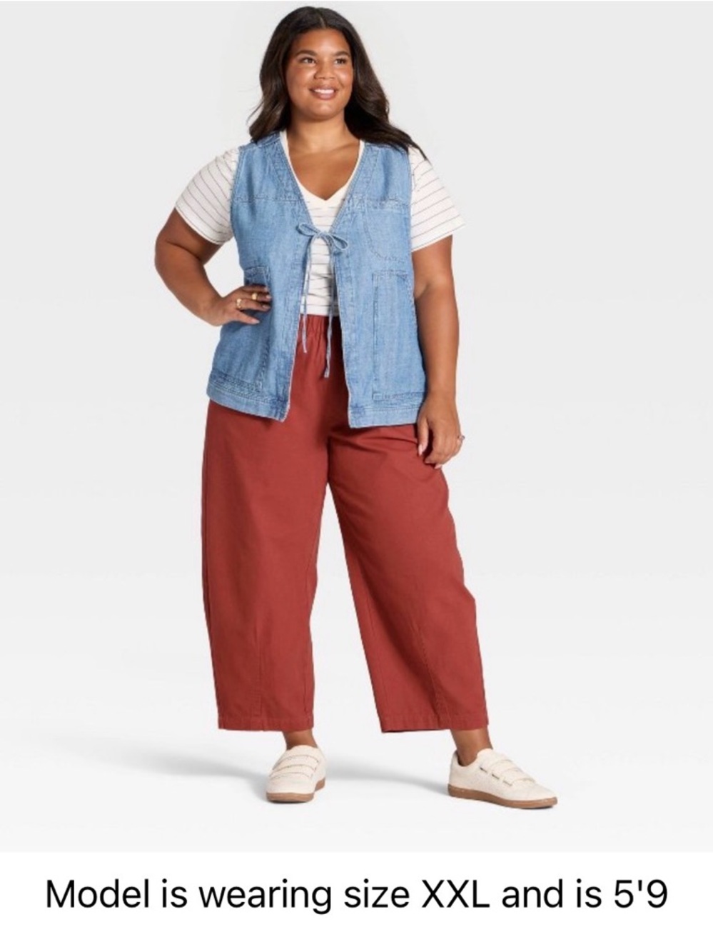 Women’s Red Elastic-Waist Casual high waist barrel leg Pants - Picture 2 of 3